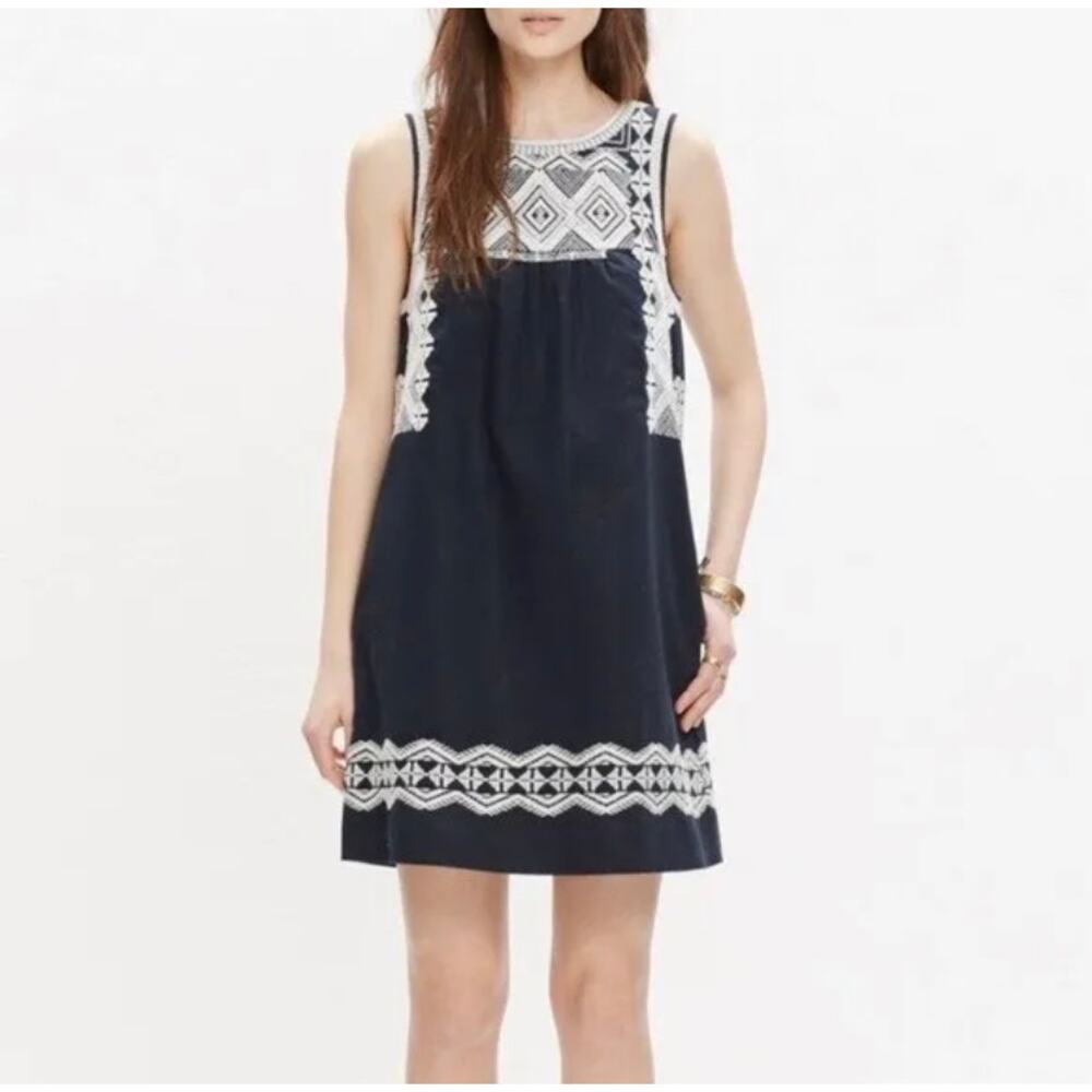 Madewell Embroidered Stitchtake Linen Sleeveless Keyhole Mini Dress Navy Blue  S